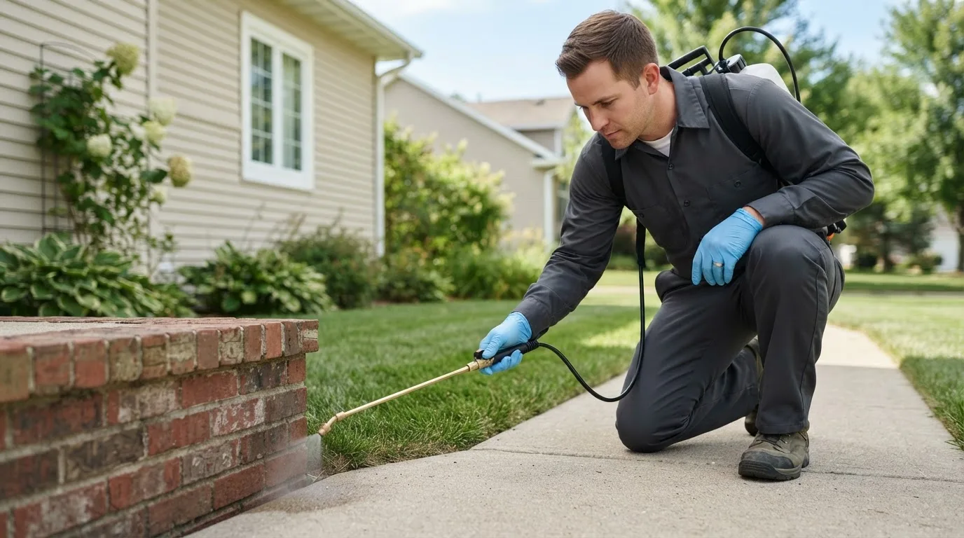 Pest control technician treating a home near North Hampton, NH