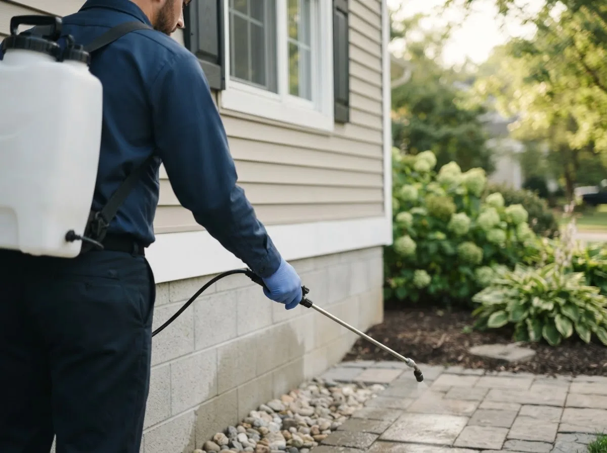 Pest control technician inspecting a home in North Hampton, NH